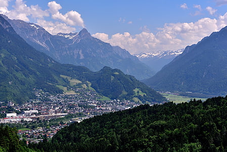 táj, Vorarlberg, völgy, város, az Outlook, hegyek