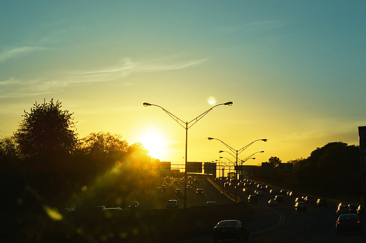 solnedgång, trafik, Hyr en bil, Road