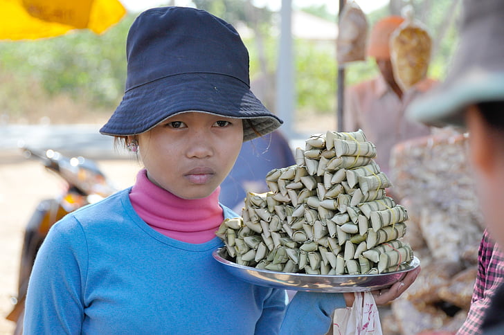 Kambotscha, Mädchen, Gesicht, Markt, Verkäufer, Streetfood