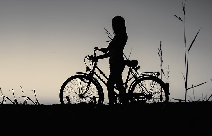 noia, roda, negre, blanc, silueta, bicicletes, una persona