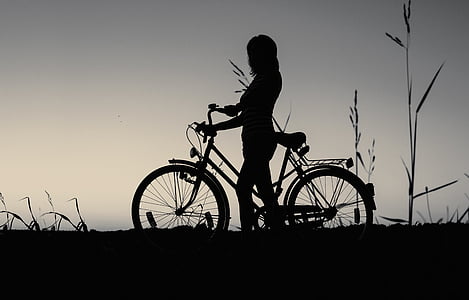 meisje, wiel, zwart, wit, silhouet, fiets, één persoon