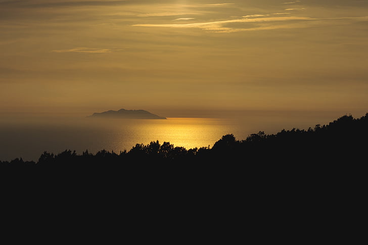 sea, ocean, water, island, trees, mountain, silhouette