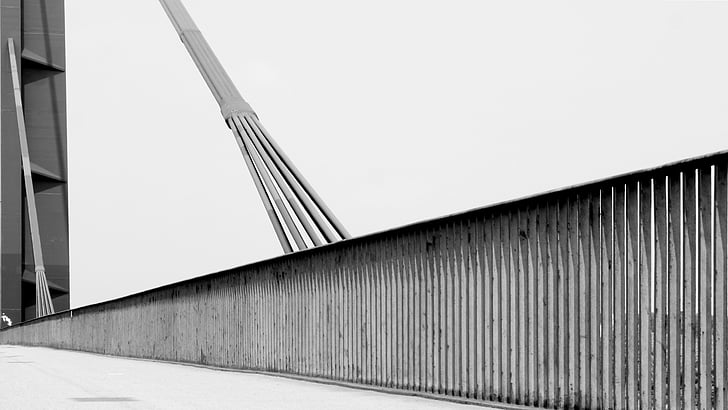 most, Düsseldorf, Rajna koljena mosta, ograda, most - čovjek napravio strukture, crno i bijelo, arhitektura