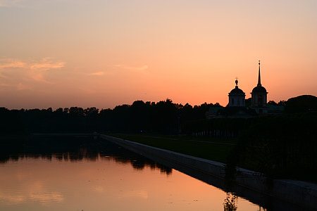 Taman, kuskovo, Moskow, Rusia, matahari terbenam, langit, arsitektur