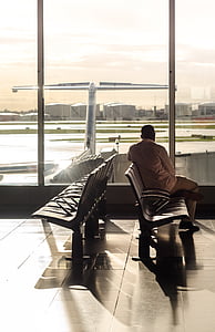 ターミナル, ゲート, 待っています。, 飛行機, 空港, 旅行, 旅客