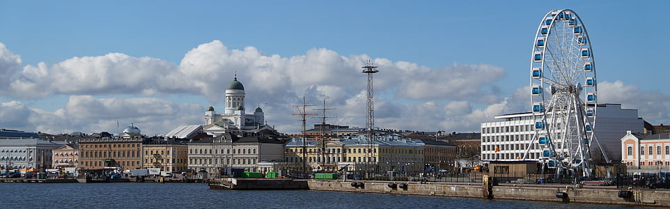 Panorama de Helsínquia, Helsinki, Catedral, roda gigante, água, Baía, céu