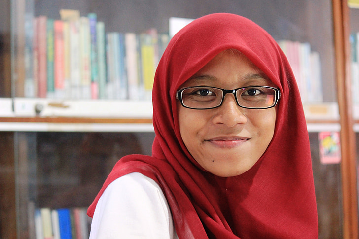 muslim, girl, smile, female, glasses, red, white