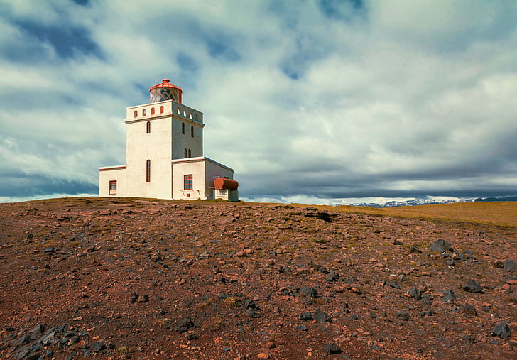 Lighthouse, steinig, Island, pilved, lumi, mäed, soe, maastik
