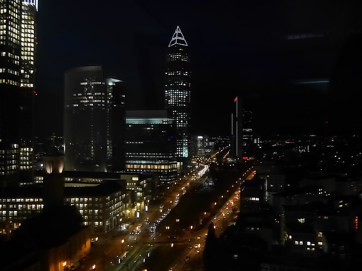 Frankfurt, nit, Messeturm, gratacels, horitzó, arquitectura, ciutat