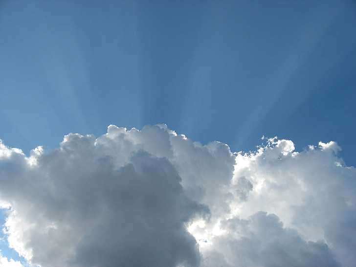 clouds, fluffy, white, bright, sunlight, rays, lights
