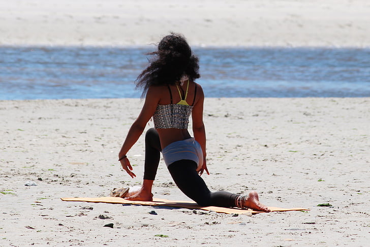yoga, woman, beach, relaxation, sand, sporty, beautiful