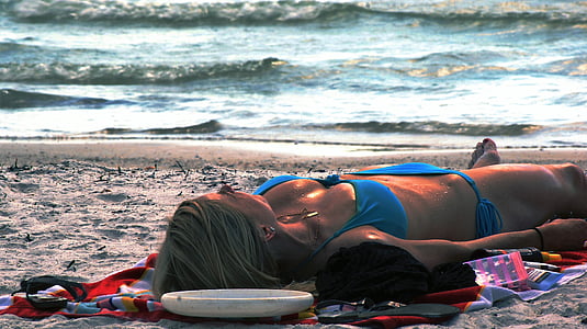 Beach, bikini, öböl, tiszta víz, lány, nyaralás, nyári