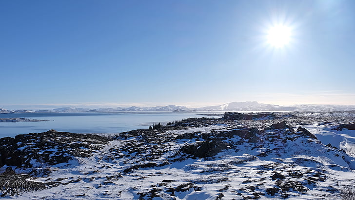 Lacul, munte, de Parcul Naţional Thingvellir, om de zapada, colorat, Răsărit de soare, albastru