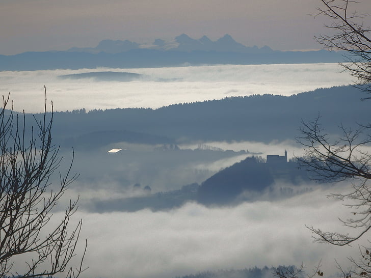 Alpenblick, panoráma, köd, Bajorország, nézet, előretekintés, természet