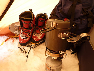berg, bivak, kachel, winter, sneeuw, laarzen, alpinisme