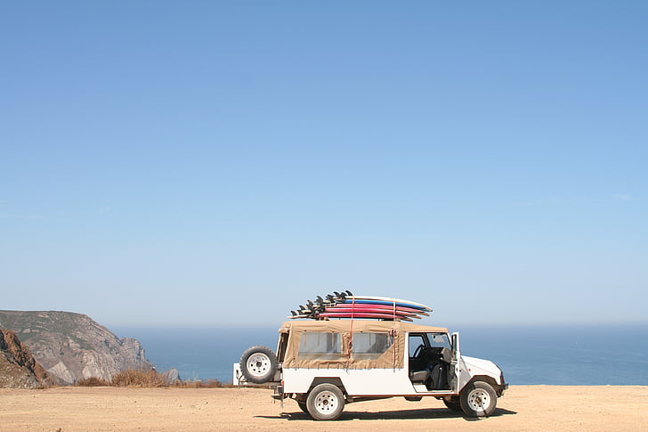 Portugal, plage, planche de surf, Auto, navigation dans le disque web, 4 x 4, véhicules hors route