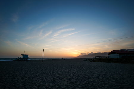 beach, dusk, lifeguard tower, sand, shore, sky, sunset