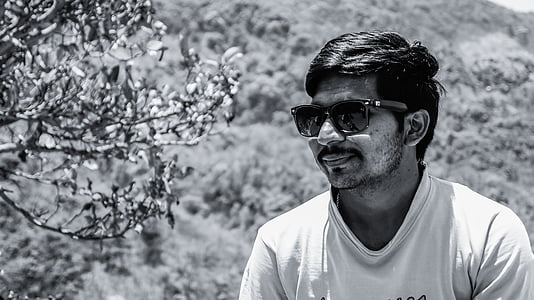 male, person, indian, man, sunglasses, black and white, hindu