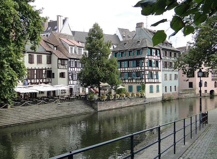 channel, water running, townhouses, building, water, france, city