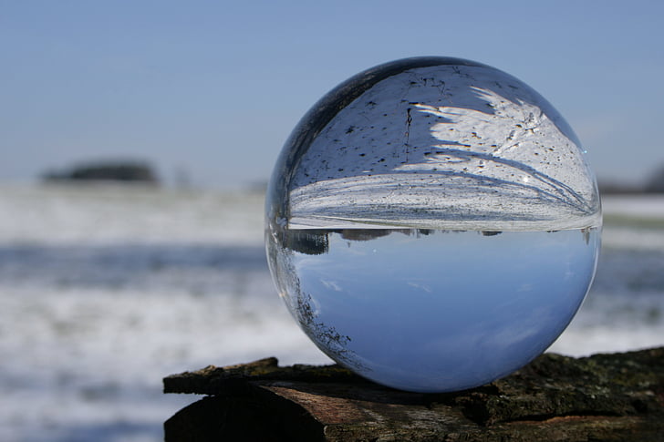 glass ball, photo, upside down, winter, wintry, mirrored, snow