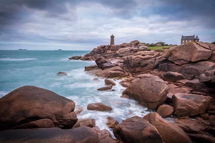 Brittany, coasta, roci, plajă, pe litoral, Manche, roz