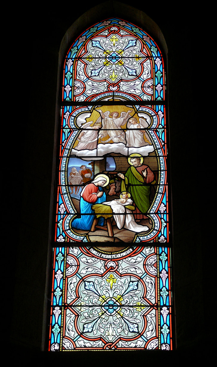 templom, ólomüveg ablak, festett üveg, Saint-cast-le-guildo, Franciaország