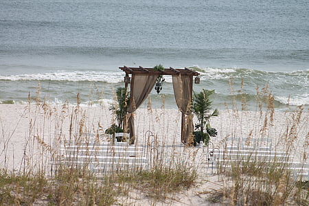 plaža, vjenčanje, ukras, dekoracija, biljke, priroda, klupe