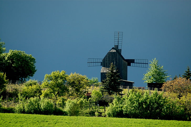 mill, windmill, wooden, whiffle, dark sky, field, green