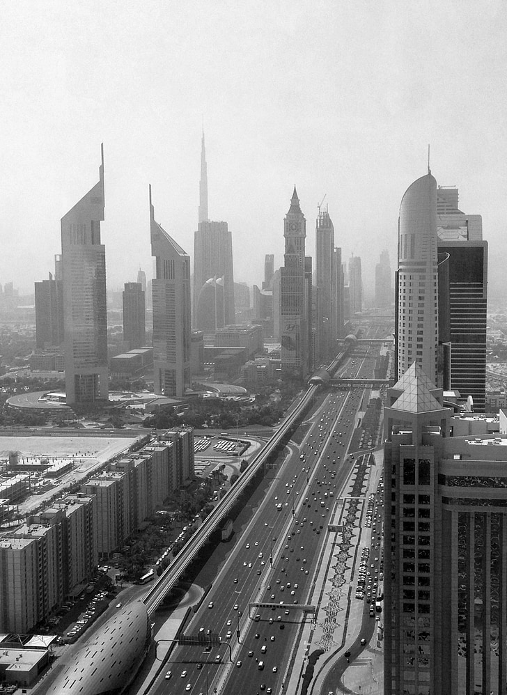Street, staden, höghus, Dubai, svart och vitt, byggnad, Förenade Arabemiraten