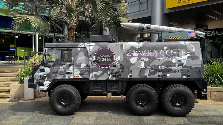 armoured vehicle, military, coffee, display vehicle, food truck