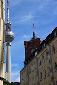 berlin, tv tower, red town hall, landmark, places of interest, radio tower, city