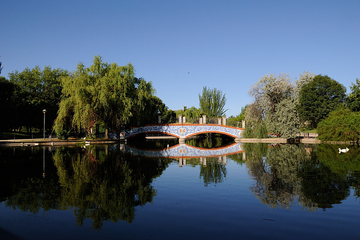 bridge, park, lake, reflection, trees