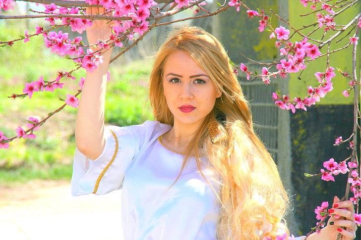 girl, blond hair, princess, tree, flowers, spring, story