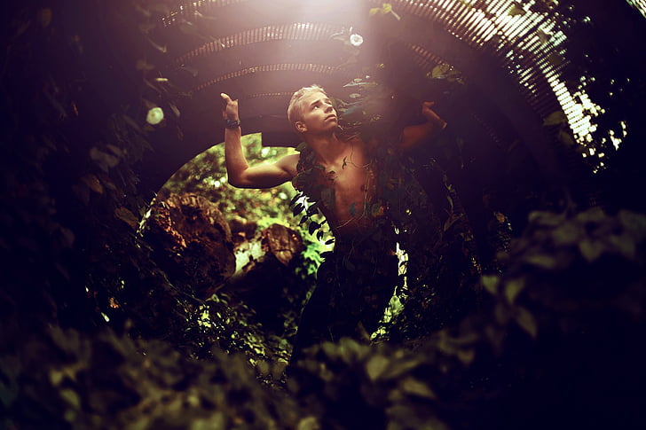 man, model, nature, person, plants, tunnel, underwater