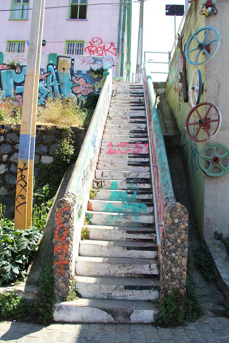 tangga, seni perkotaan, Valparaiso, vandalisme, kotor bangunan, Distrik kotor