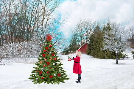 christmas, red, snow, tree, girl, decoration, holiday