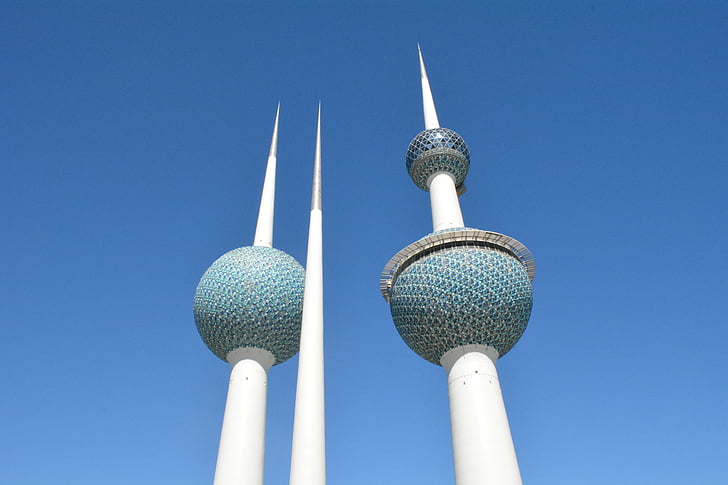 Kuvait tornyok, Nevezetességek, tájékozódási pontok, Kuvait, kék, torony, utca-és városrészlet, Skyline