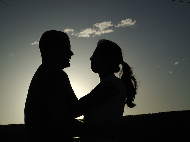 silhouette, shape, couple, person, sunset, love, guys