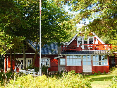 Villa, laut, Denmark, rumah, merah, ooden, dacha