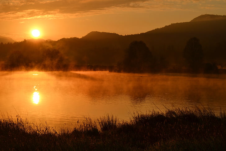 sunrise, pond, fog, steam, hills, water, grass