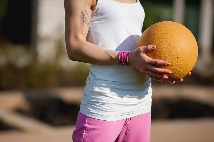woman, fitness, ball, yellow, pink, girl