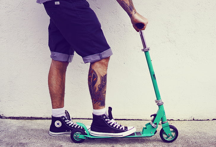 scooter, man, guy, tattoos, tattooed, shorts, trainers