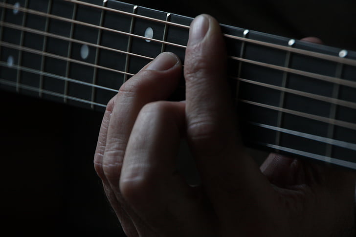 pessoa, jogando, guitarra, mão, mãos, música, jogar