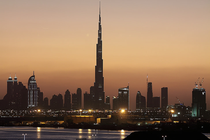 malam, Dubai, matahari terbenam, pencakar langit