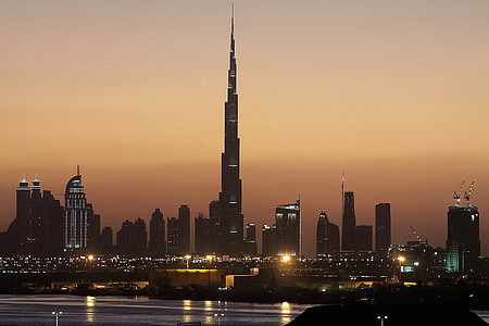 natt, Dubai, solnedgång, skyskrapa
