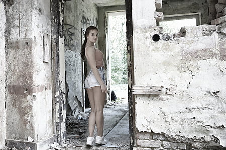 model, woman, old building