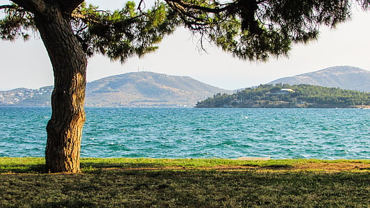 парк, алея, море, пейзаж, лято, крайбрежната, Гърция