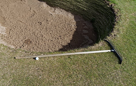 golf, bunker, sand, rake, golf ball, ball, sport