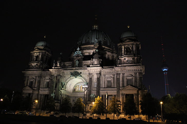 Katedrala u Berlinu, noć, Berlin, rasvjeta, zgrada, arhitektura, povijesno