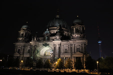 Berlin cathedral, noc, Berlín, osvetlenie, budova, Architektúra, historicky